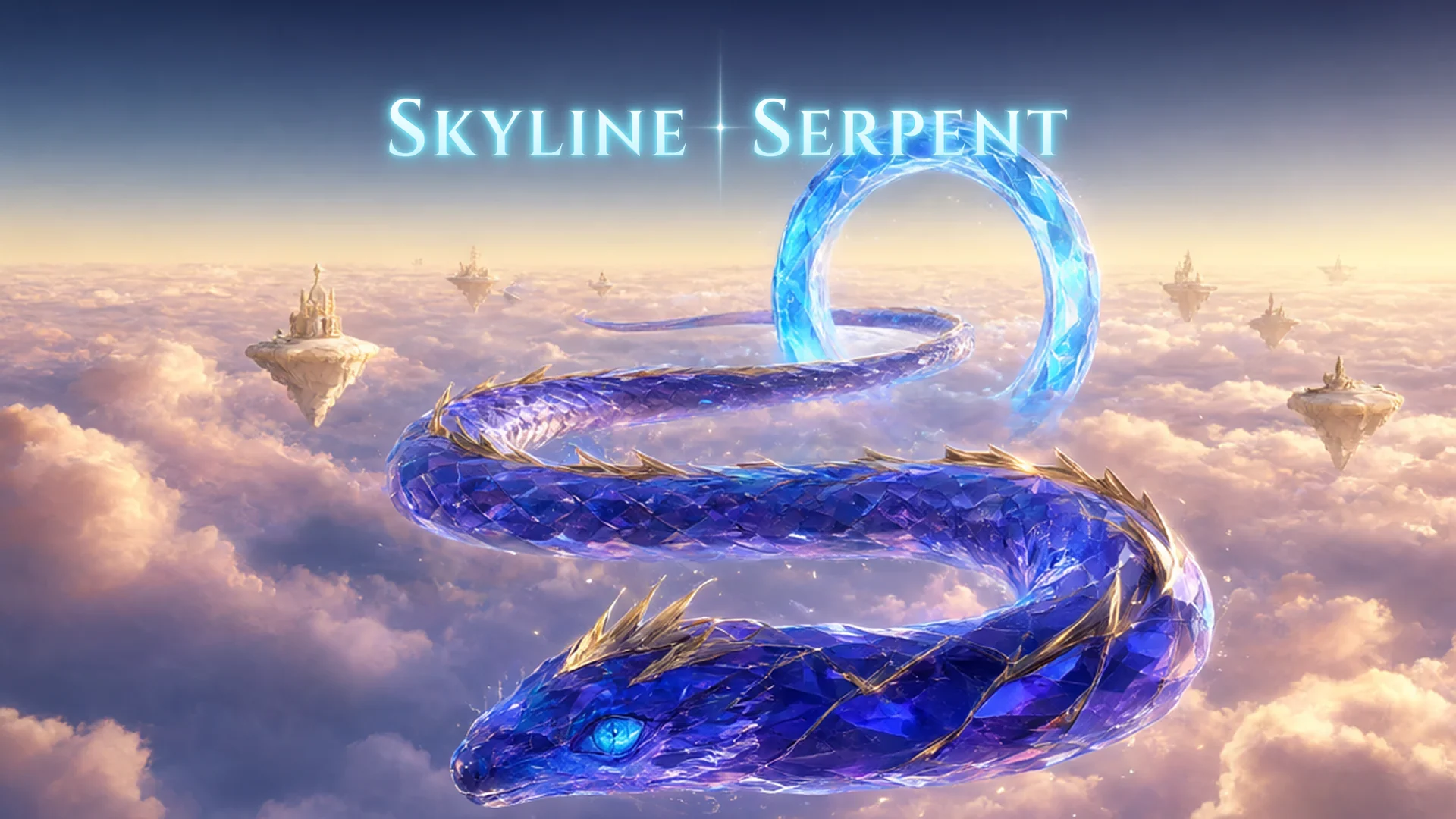 Illustrated Skyline Serpent cover: a violet crystal serpent with gold accents winds through a cyan gate above pastel clouds and floating islands; not a gameplay screenshot.