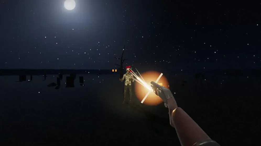 First-person view of a moonlit graveyard at night: a shotgun muzzle flash lights up a zombie shambling toward the player out of the dark.
